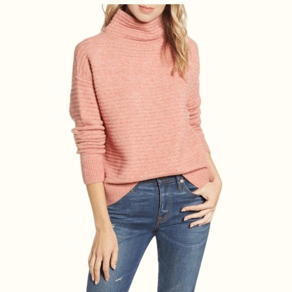 Madewell pink turtleneck sweater Belmont Mock Neck knit textured rib stripe XS - Picture 8 of 16